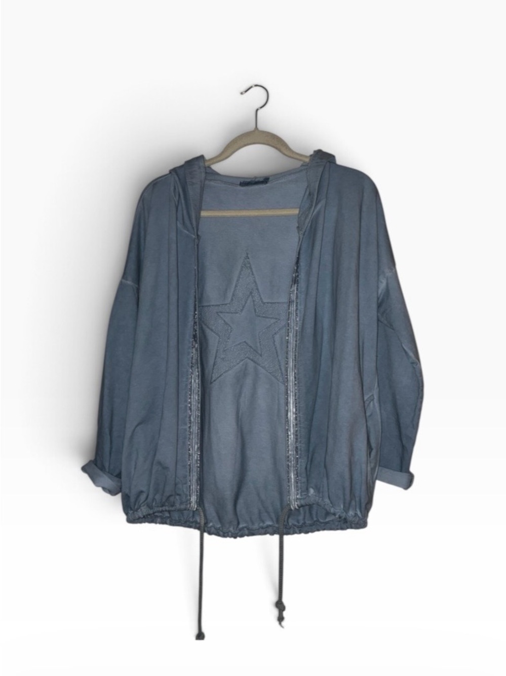 Tempo Paris Oversized Women's Hooded Star-Embroidered Jacket - Blue Sz S/M